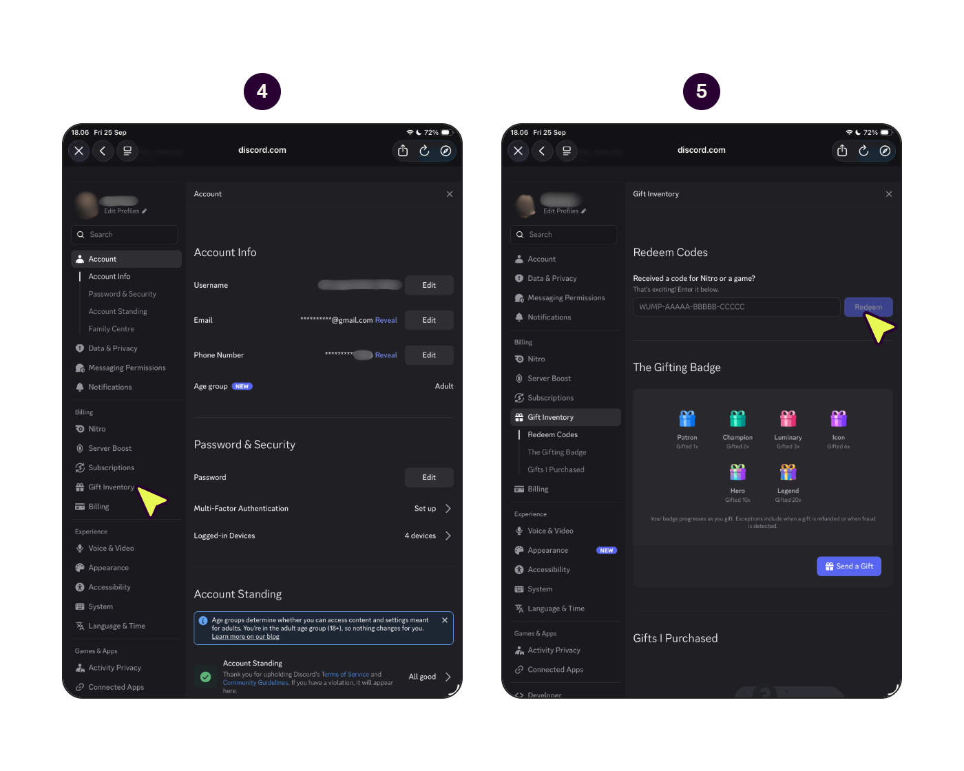Steps to redeem a Discord Nitro Monthly voucher code on the Discord website. (2/2)